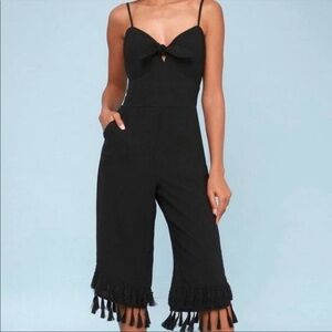Adelyn Rae Jumpsuit Cropped Tie-Front Tassel Fringe Hem Classic Black S